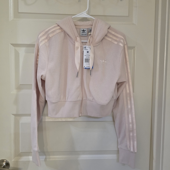 Adidas Cropped Zip Hoodie Pink 3-Stripe Athletic Jacket Size M NWT - Picture 5 of 8
